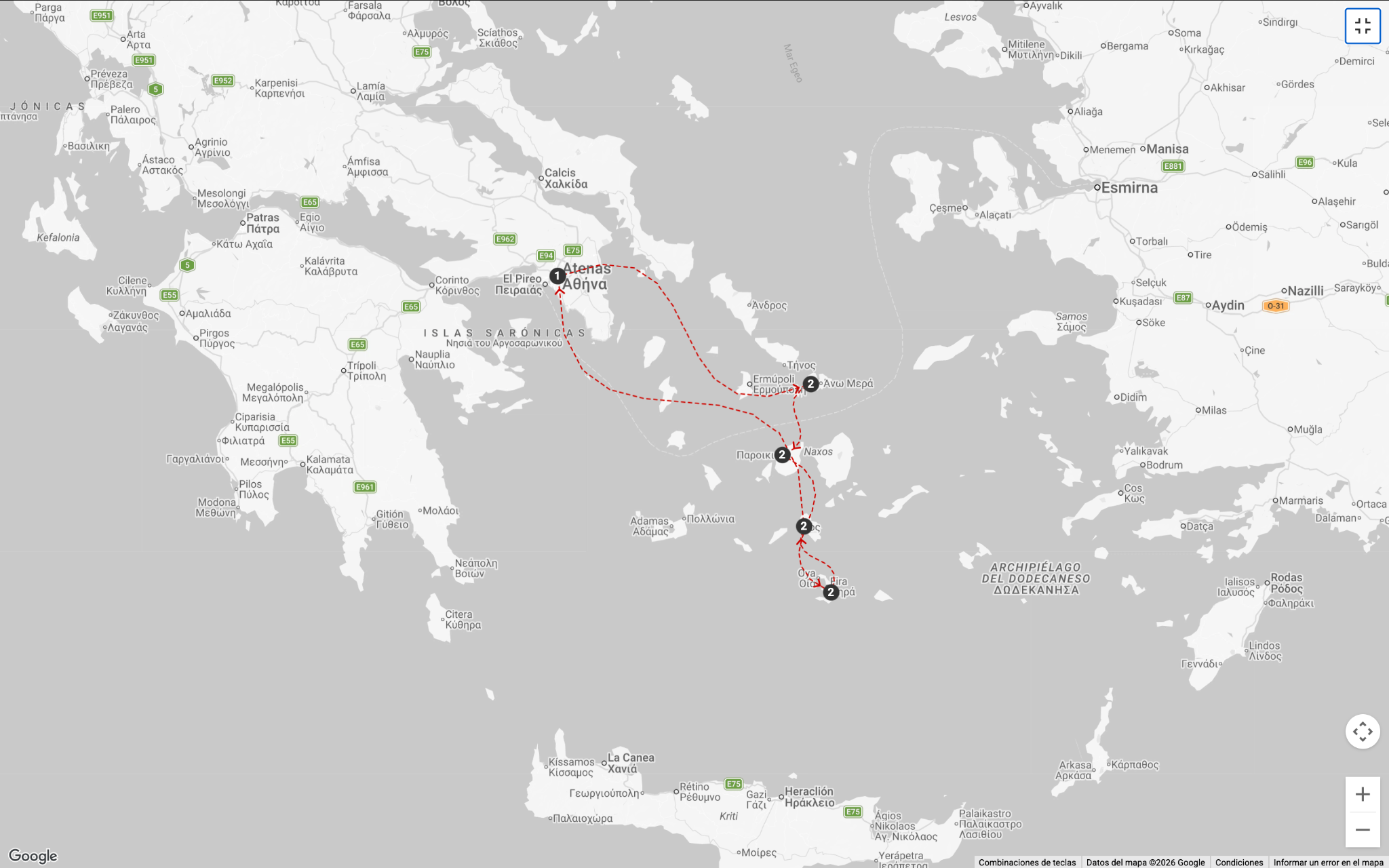 Greek Island Hopping route: Athens to Mykonos, Paros, Santorini, Ios and back to Athens, on a geographical map of Greece